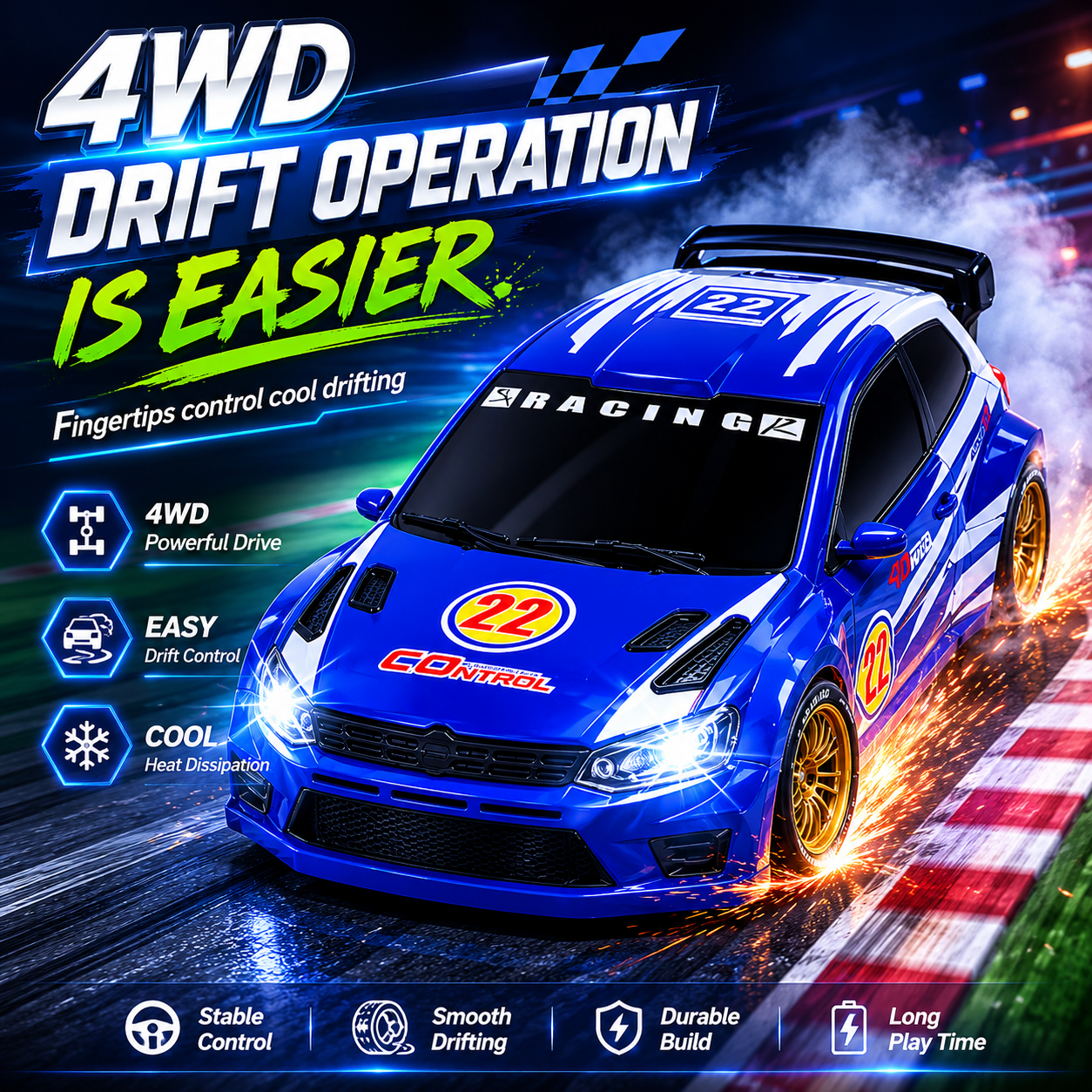 1:24 RC Drift Car – 4WD Rechargeable Racing Car with Smoke Effect